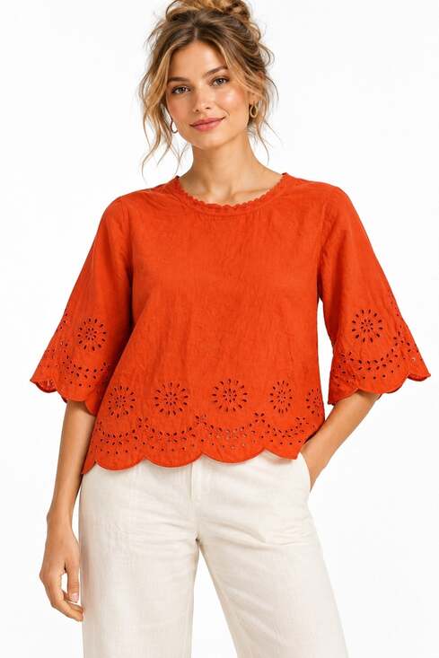 LOFT Tops - LOFT Boho Red Orange Eyelet Embroidered Ruffle Cotton Linen Peasant Blouse M